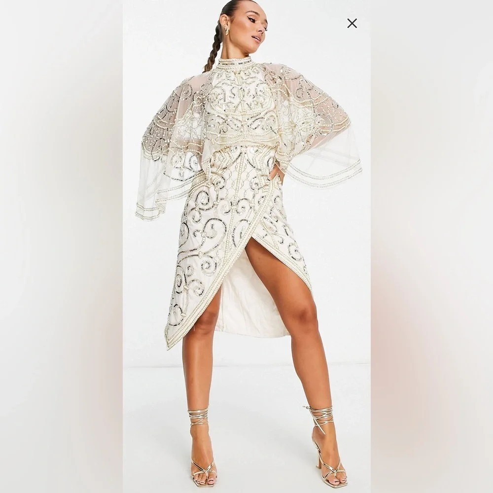 ASOS DESIGN Dress Womens 4 White Sequin Beaded High Neck Tulle Maxi Formal